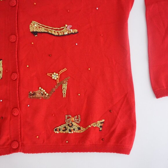 Quacker Factory Red Beaded High Heels Button Up Cardigan Sweater Retro Beaded L - Picture 5 of 10